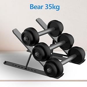 Dumbbell rack with three pairs of black dumbbells. Text overlay reads 'Bear 35kg'.