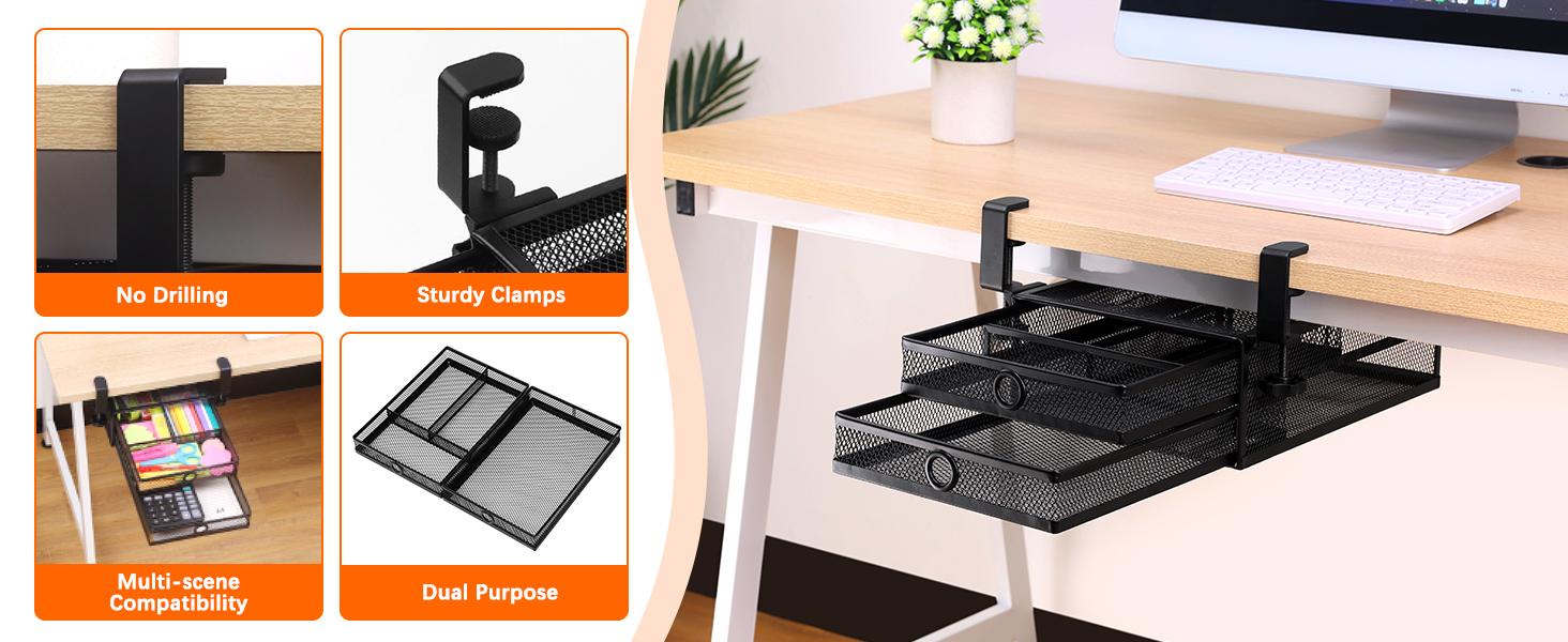 Equipped with a sliding tray and clamp mount design, easily concealed under the desk,