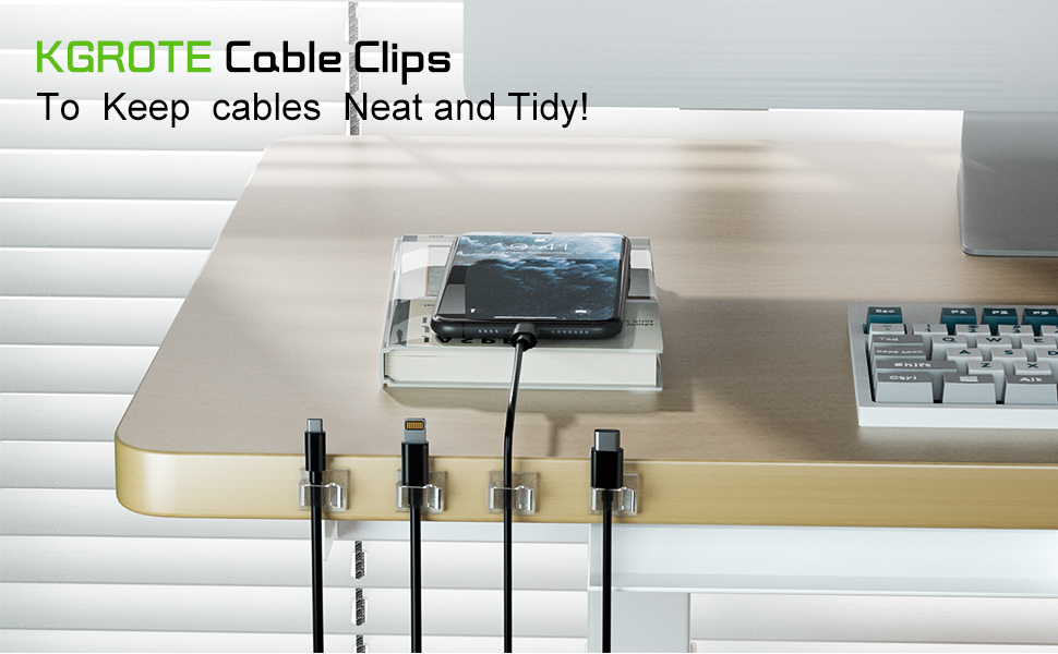 KGROTE Cable Clips shown organizing multiple cables on a desk edge, keeping them neat and tidy as advertised.