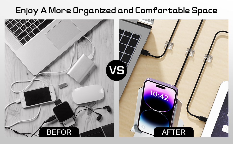 Before and after comparison of desk organization. Left shows tangled cables, right shows neatly arranged devices with a multi-port charging station.