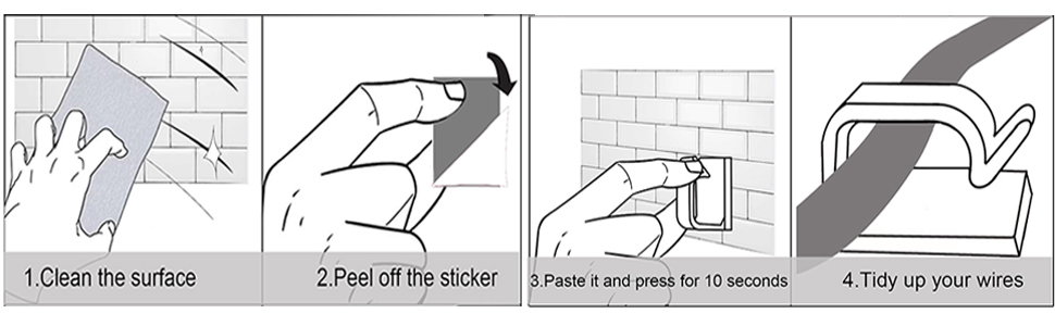 Four-step installation instruction diagram showing surface cleaning, sticker removal, pressing for 15 seconds, and wire organization process.