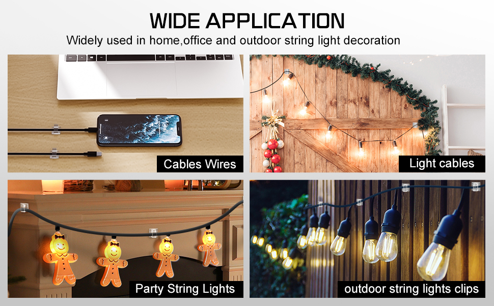 Four-panel image showcasing various string light applications: cable management, decorative lighting for home and outdoor use, festive party lights, and outdoor light clips.