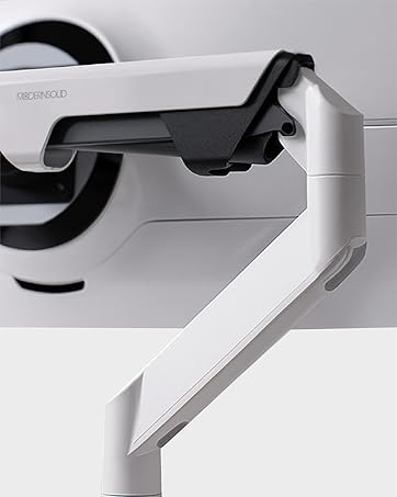 White ergonomic dual monitor arm mounted on display for gaming and office use